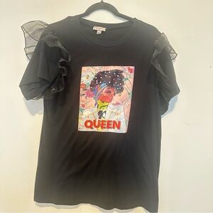 Black Graphic T-Shirt with Ruffle Sleeves